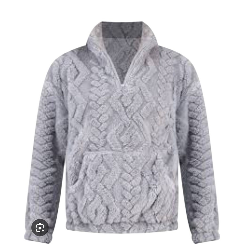 Cozy Sherpa Quarter Zip Cable Embossed Fleece Grey Soft‎ Cozy NWT $60